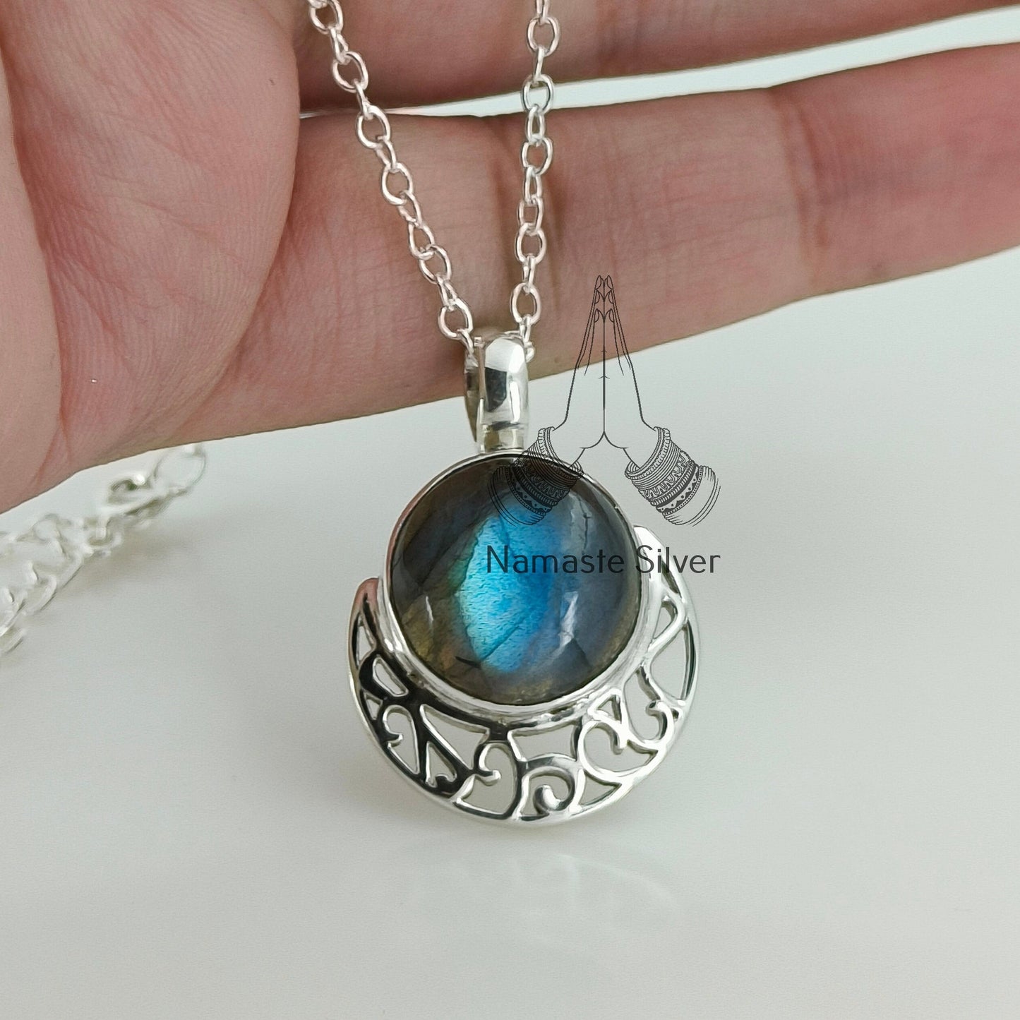Labradorite Necklace, 925 Sterling Silver Handmade Necklace, Natural Labradorite Round Gemstone Pendant Jewelry, Gift for Her,
