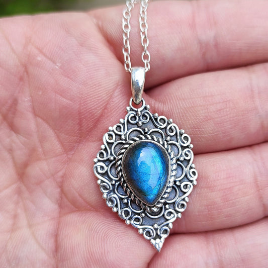 Labradorite Necklace, 925 Sterling Silver Pendant, Natural Labradorite Pear Shape Gemstone Handmade Boho Jewelry, Birthstone Gift For Her