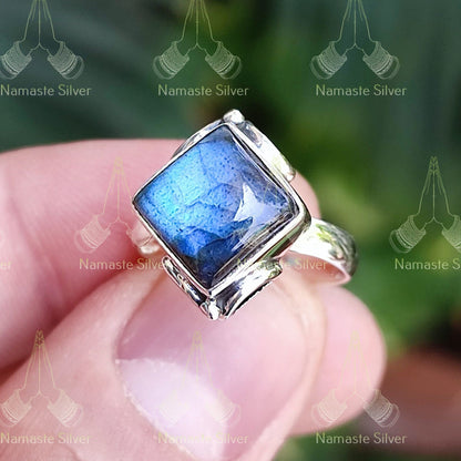 Labradorite Ring, 925 Sterling Silver Handmade Promise Ring, Natural Labradorite Square Gemstone Jewelry, Birthstone Gift for her Birthday
