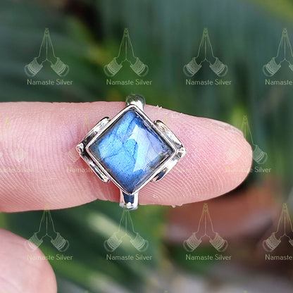 Labradorite Ring, 925 Sterling Silver Handmade Promise Ring, Natural Labradorite Square Gemstone Jewelry, Birthstone Gift for her Birthday