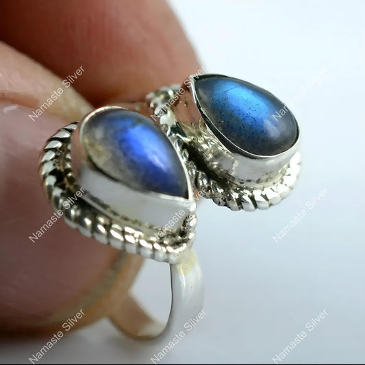 Labradorite Ring, 925 Sterling Silver Dual Gemstone Ring, Natural Labradorite Pear shape Handmade Jewelry, March Birthstone, Gift for her