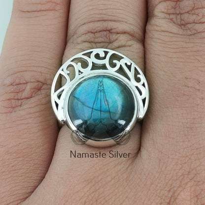 Labradorite Ring, 925 Sterling Silver Handmade Statement Promise Ring, Natural Labradorite Round Gemstone Jewelry, Gift for Her