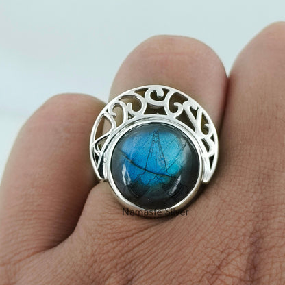 Labradorite Ring, 925 Sterling Silver Handmade Statement Promise Ring, Natural Labradorite Round Gemstone Jewelry, Gift for Her