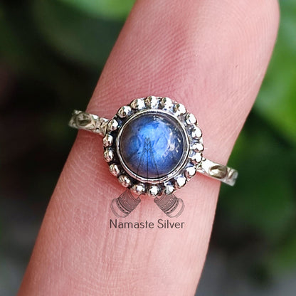 Labradorite Stone Ring, 925 Sterling Silver Handmade Promise Ring, Natural Labradorite Round Gemstone Jewelry, Gift for Her Birthday