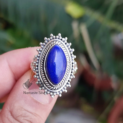 Lapis Lazuli Ring, 925 Sterling Silver Promise Ring, Natural Blue Gemstone Marquise Handmade Boho Jewelry, September Birthstone Gift for her