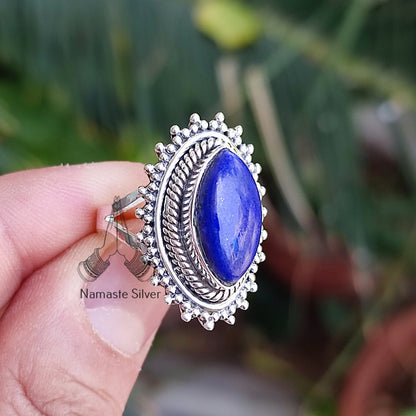 Lapis Lazuli Ring, 925 Sterling Silver Promise Ring, Natural Blue Gemstone Marquise Handmade Boho Jewelry, September Birthstone Gift for her