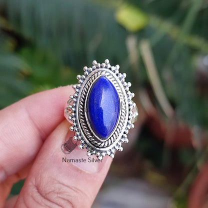 Lapis Lazuli Ring, 925 Sterling Silver Promise Ring, Natural Blue Gemstone Marquise Handmade Boho Jewelry, September Birthstone Gift for her