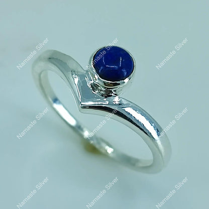 Lapis Lazuli Ring, 925 Sterling Silver Promise Ring, Natural Blue Lapis Round Gemstone Handmade Jewelry, September Birthstone, Gift for Her