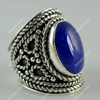Lapis Lazuli Ring, 925 Sterling Silver Promise Chunky Ring, Natural Blue Gemstone Oval Handmade Jewelry, September Birthstone, Gift for Her