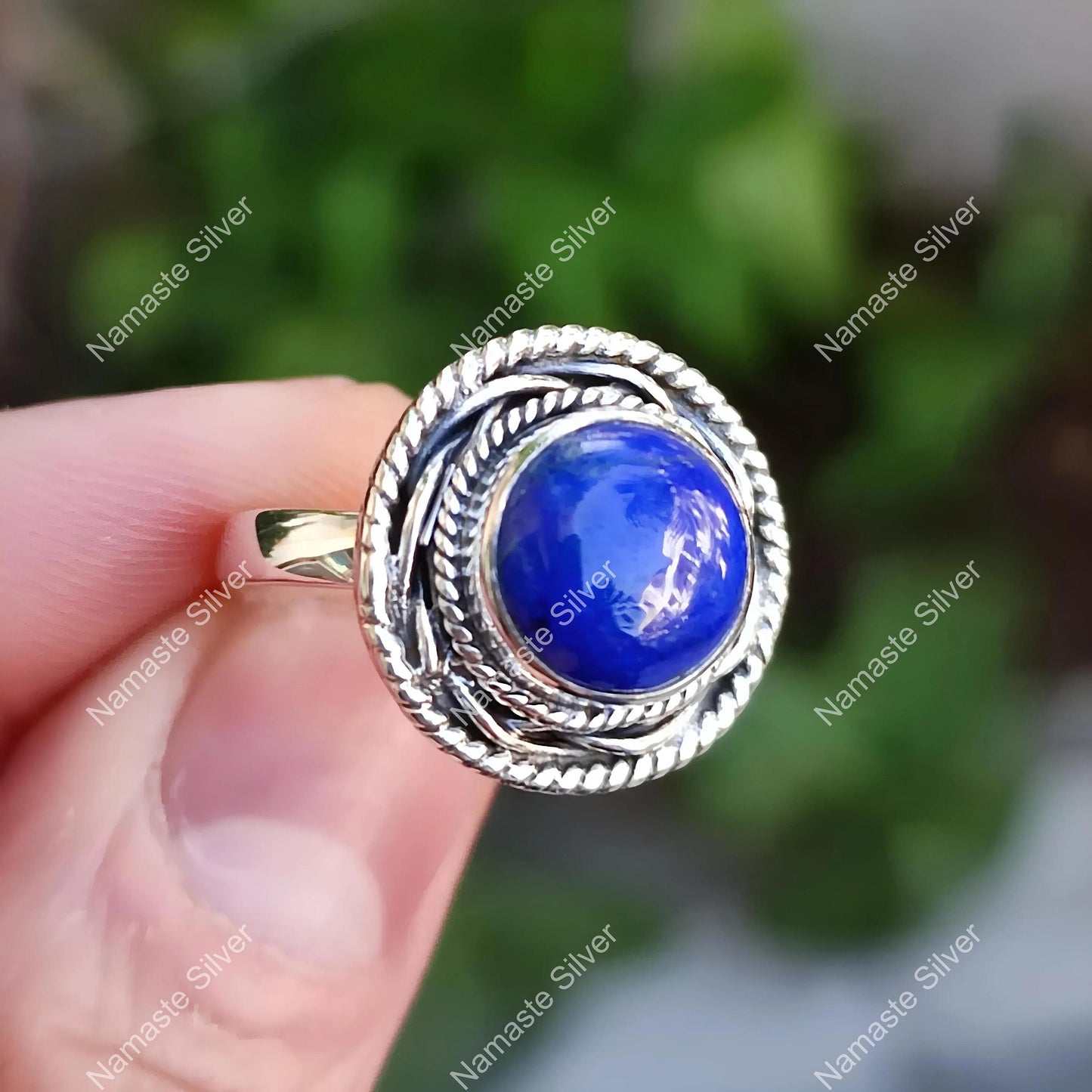 Lapis Lazuli Ring, 925 Sterling Silver Promise Ring, Natural Blue Round Gemstone, September Birthstone Gift for Her, Handmade Boho Jewelry