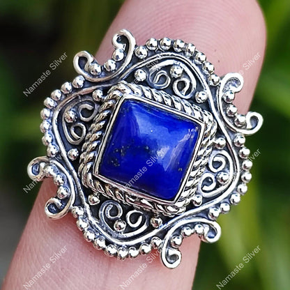 Lapis Lazuli Ring, 925 Sterling Silver Handmade Statement Ring, Natural Blue Gemstone Cushion Jewelry, September Birthstone, Gift for Her