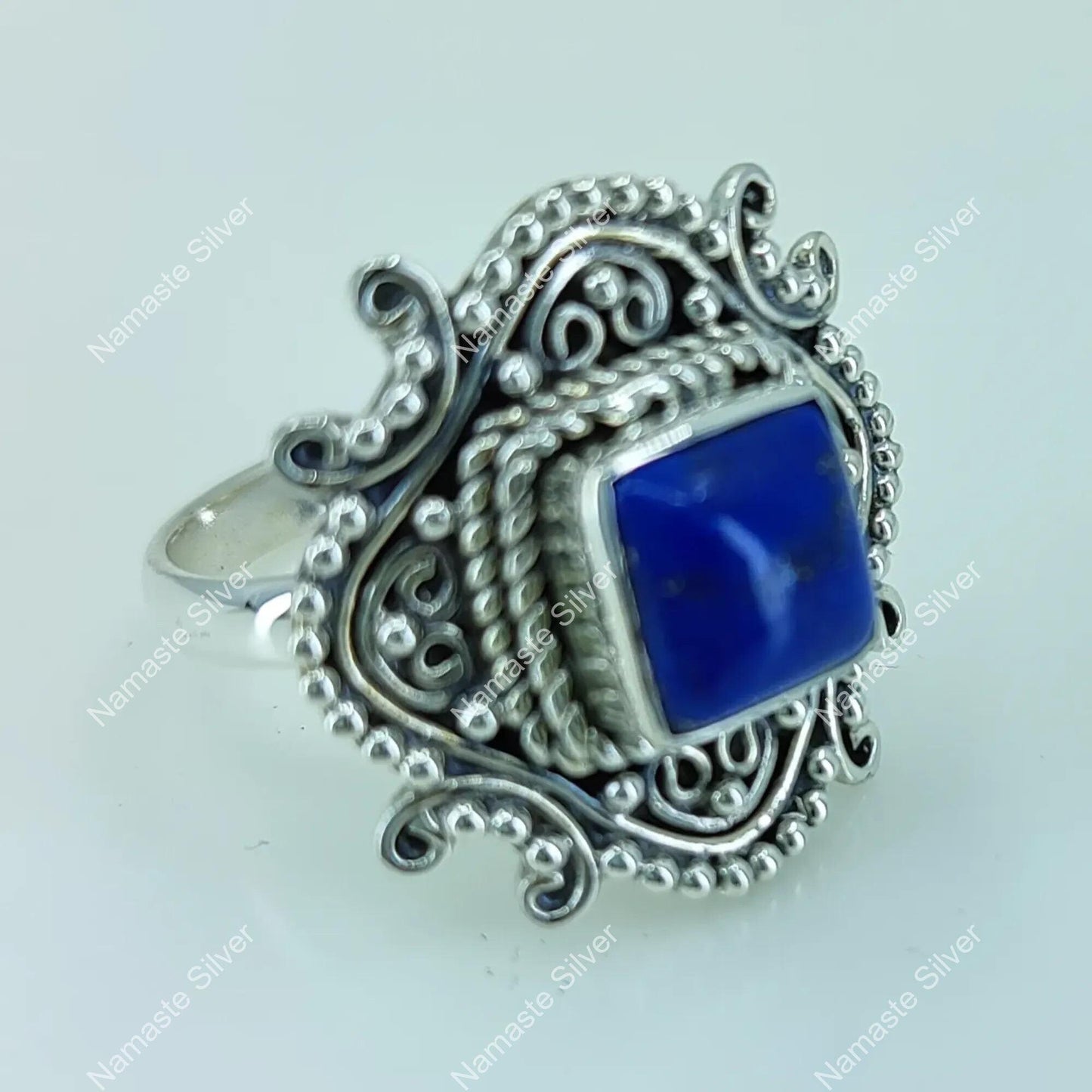 Lapis Lazuli Ring, 925 Sterling Silver Handmade Statement Ring, Natural Blue Gemstone Cushion Jewelry, September Birthstone, Gift for Her