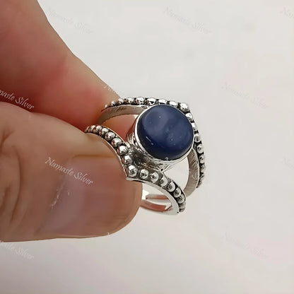 Lapis Lazuli Ring, 925 Sterling Silver Statement Promise Ring, Natural Lapis Round Gemstone Handmade Boho Jewelry, September Birthstone Gift