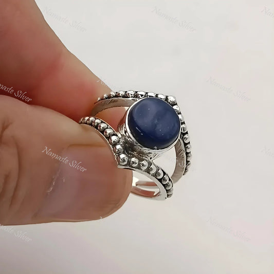 Lapis Lazuli Ring, 925 Sterling Silver Statement Promise Ring, Natural Lapis Round Gemstone Handmade Boho Jewelry, September Birthstone Gift