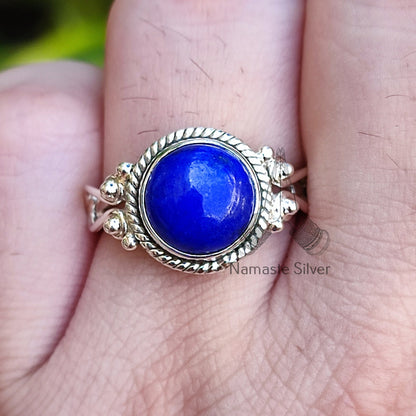 Lapis Lazuli Ring, 925 Sterling Silver Statement Ring, Natural Lapis Lazuli Round Gemstone Boho Jewelry, September Birthstone, Gift for her