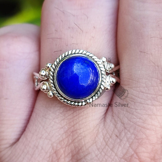 Lapis Lazuli Ring, 925 Sterling Silver Statement Ring, Natural Lapis Lazuli Round Gemstone Boho Jewelry, September Birthstone, Gift for her