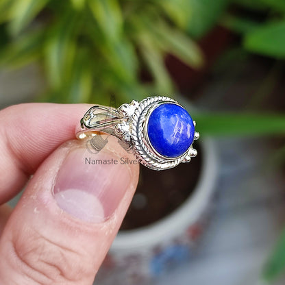 Lapis Lazuli Ring, 925 Sterling Silver Statement Ring, Natural Lapis Lazuli Round Gemstone Boho Jewelry, September Birthstone, Gift for her