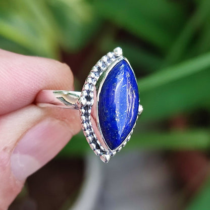 Lapis Lazuli Ring, 925 Sterling Silver Statement Promise Ring, Natural Lapis Lazuli Marquise Gemstone Handmade Boho Jewelry, Gift for Her
