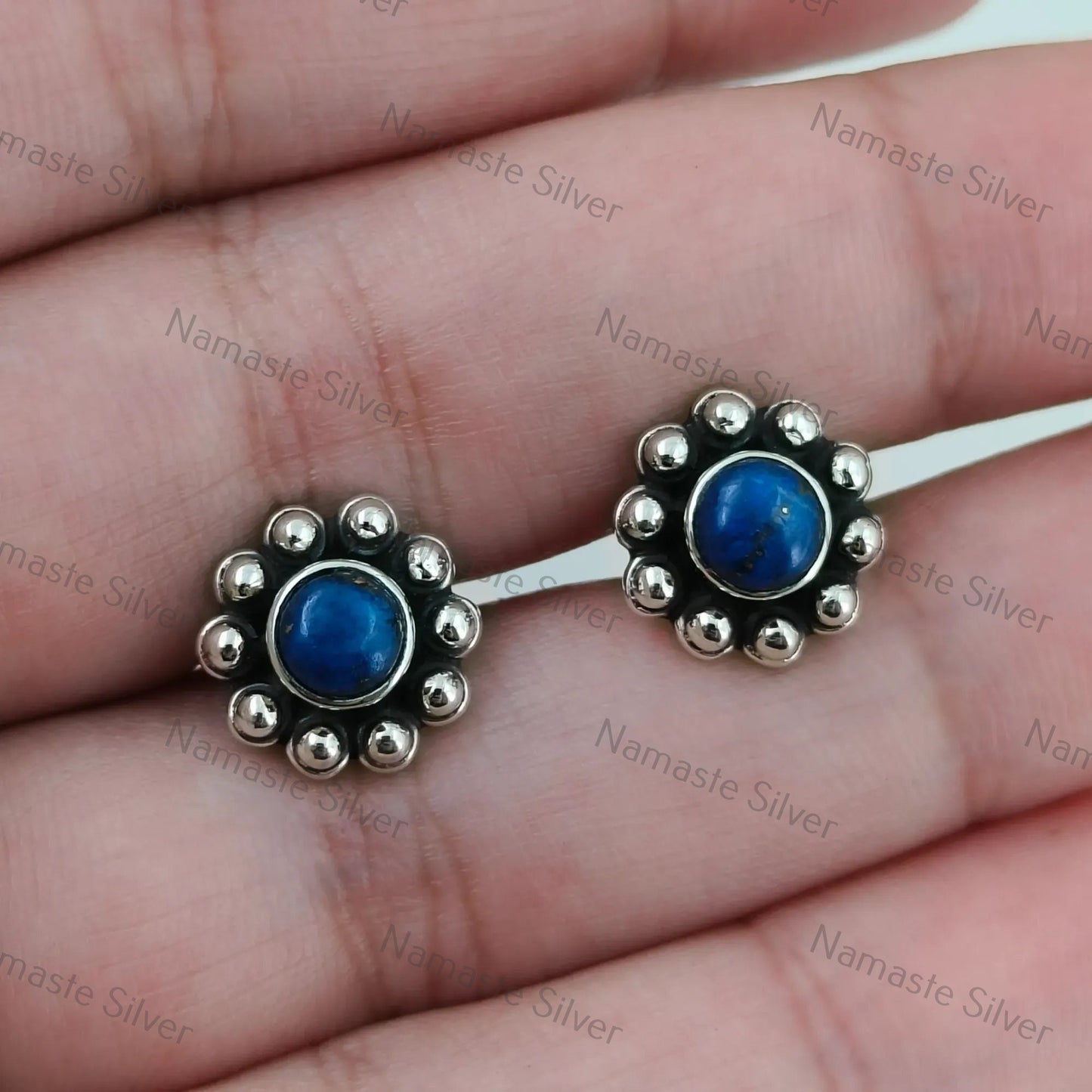 Lapis Lazuli Stud Earrings, 925 Sterling Silver Stud Posts, Natural Blue Round Gemstone Handmade Jewelry, September Birthstone, Gift For Her
