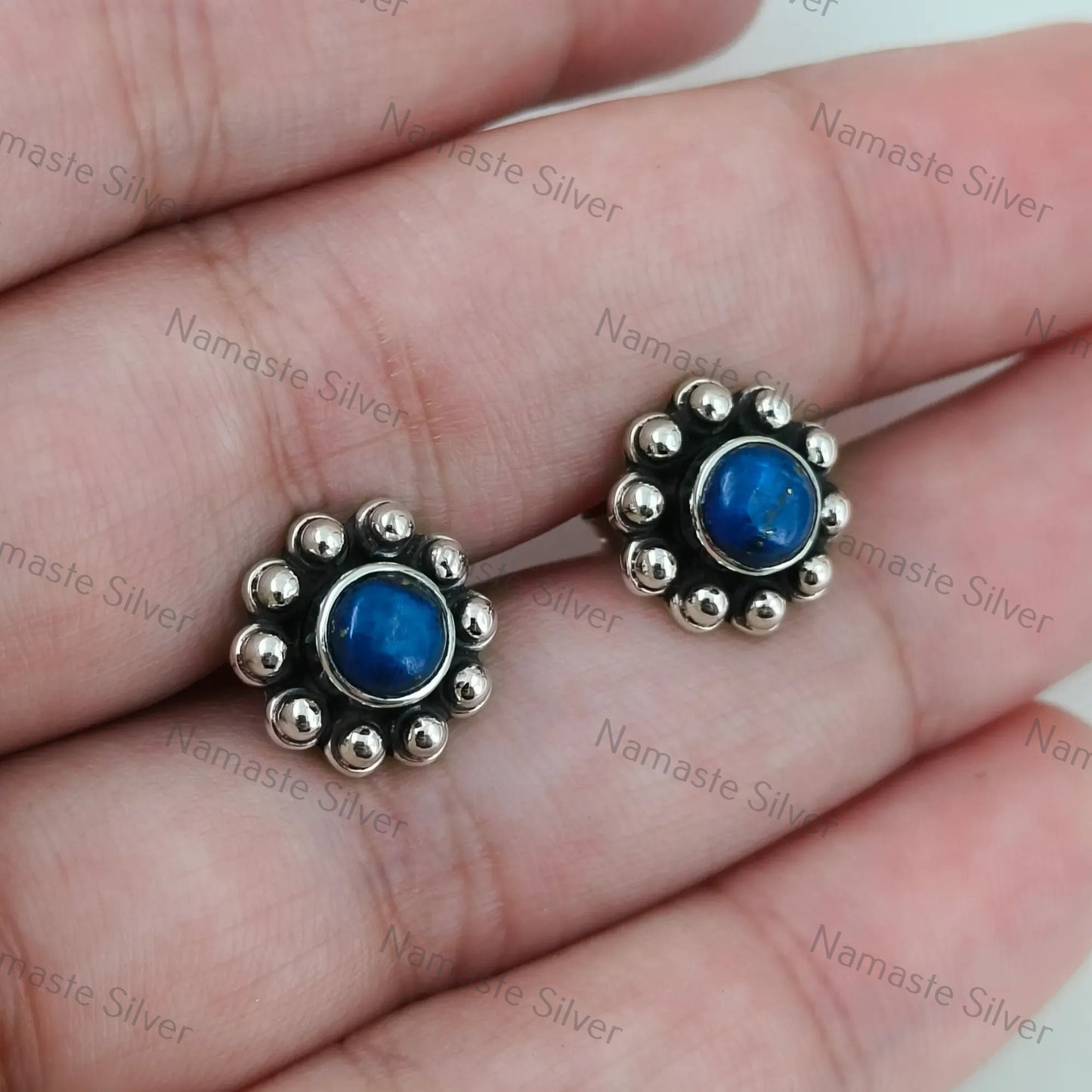 Lapis Lazuli Stud Earrings, 925 Sterling Silver Stud Posts, Natural Blue Round Gemstone Handmade Jewelry, September Birthstone, Gift For Her