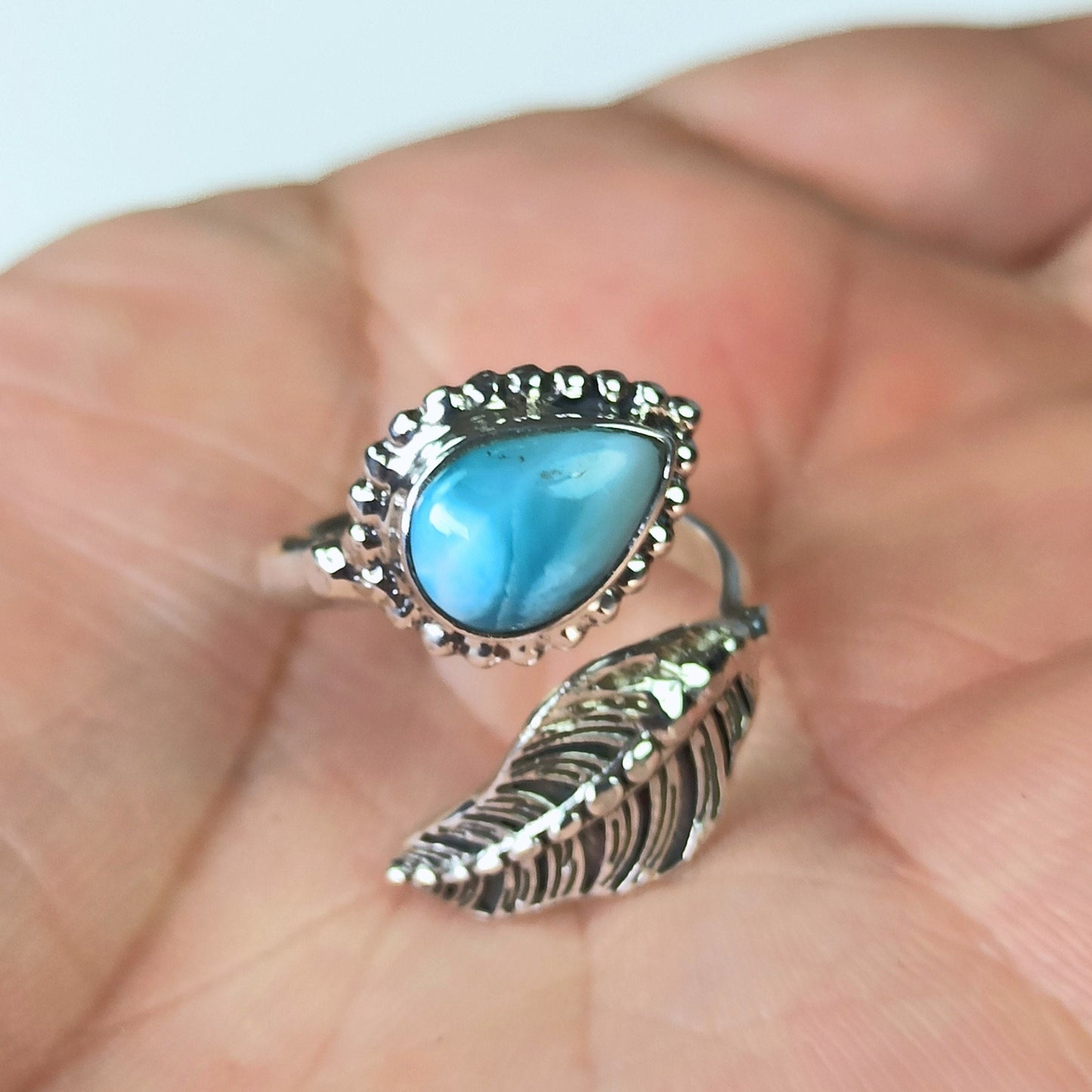 Larimar Ring, 925 Sterling Silver Adjustable Leaf Promise Ring, Natural Larimar Pear Shape Gemstone Jewelry, Gift for Her Birthday