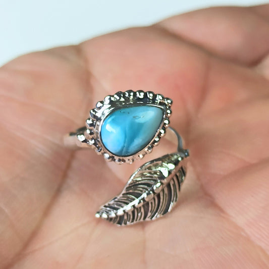 Larimar Ring, 925 Sterling Silver Adjustable Leaf Promise Ring, Natural Larimar Pear Shape Gemstone Jewelry, Gift for Her Birthday