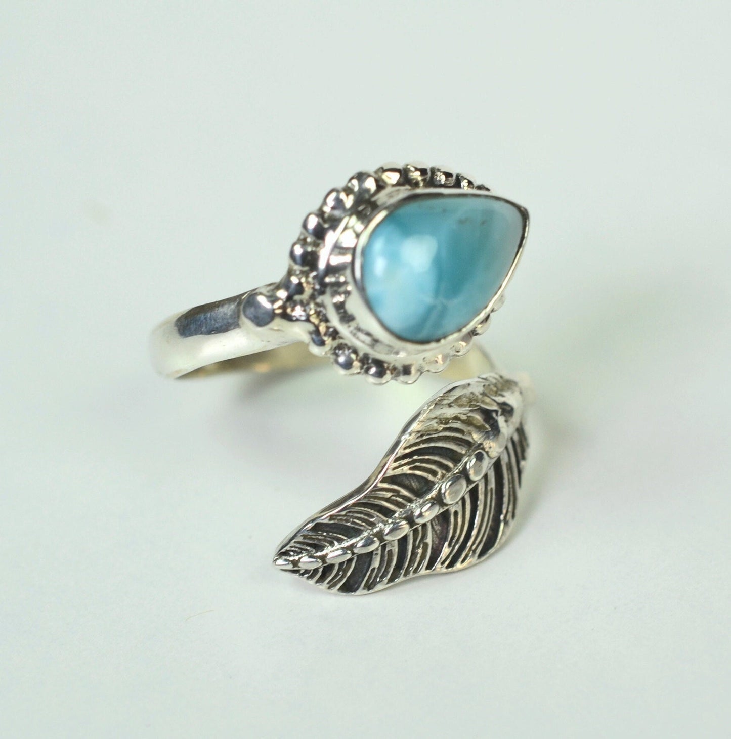 Larimar Ring, 925 Sterling Silver Adjustable Leaf Promise Ring, Natural Larimar Pear Shape Gemstone Jewelry, Gift for Her Birthday