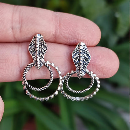 Leaf Earrings, 925 Sterling Silver Dangle Earrings, Nature-inspired leaf Handmade Boho Jewelry, Double Hoop Earrings, Unique Gift For Her