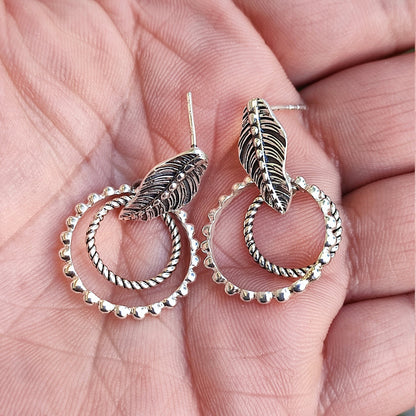 Leaf Earrings, 925 Sterling Silver Dangle Earrings, Nature-inspired leaf Handmade Boho Jewelry, Double Hoop Earrings, Unique Gift For Her