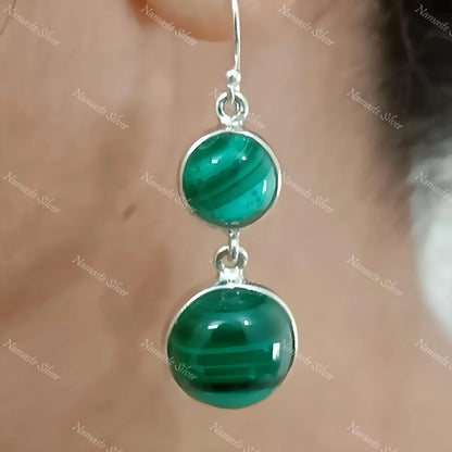 Malachite Earrings, 925 Sterling Silver Dangle Drop Earrings, Natural Green Malachite Round Gemstone Boho Jewelry, Birthstone Gift for Her
