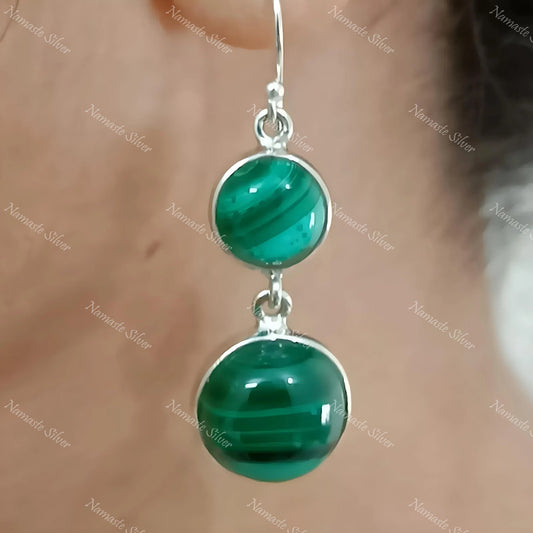 Malachite Earrings, 925 Sterling Silver Dangle Drop Earrings, Natural Green Malachite Round Gemstone Boho Jewelry, Birthstone Gift for Her