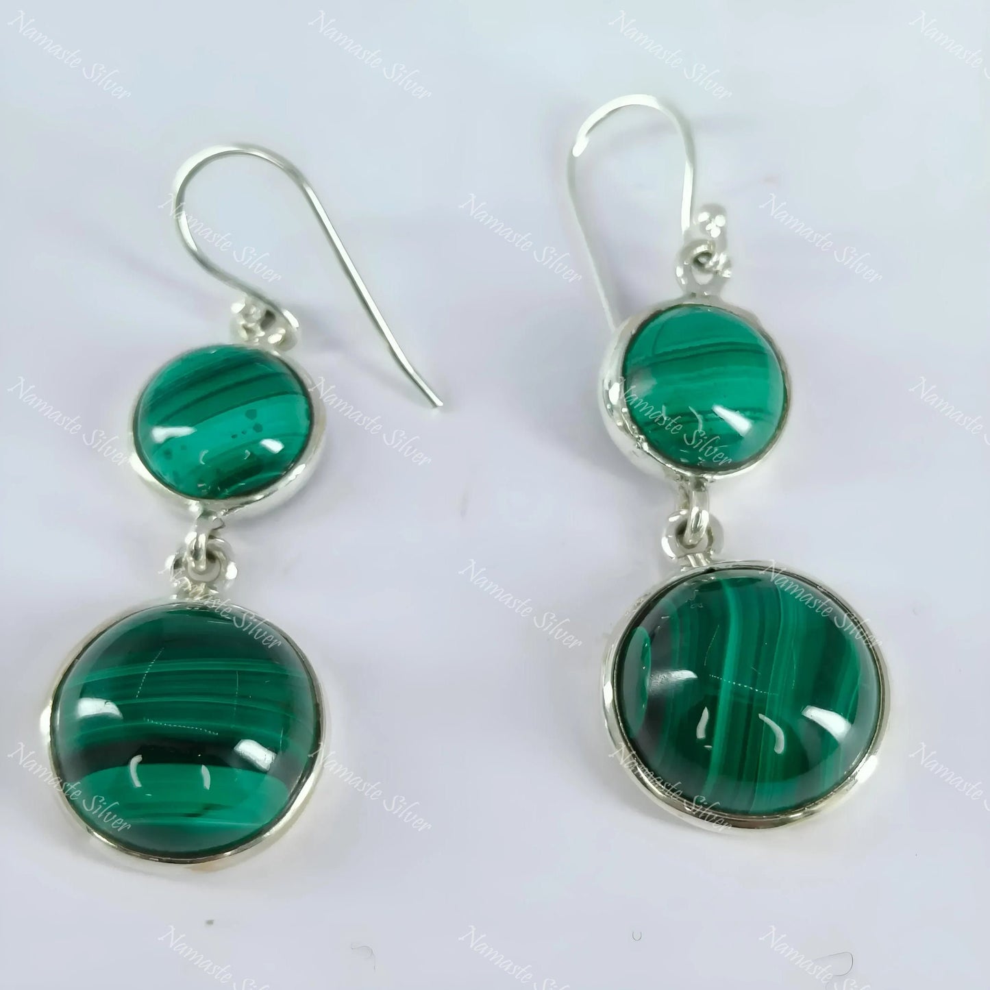 Malachite Earrings, 925 Sterling Silver Dangle Drop Earrings, Natural Green Malachite Round Gemstone Boho Jewelry, Birthstone Gift for Her