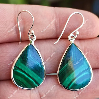 Malachite Earrings, 925 Sterling Silver Drop Dangle Earrings, Natural Malachite Pearshape Handmade Jewelry, June Birthstone, Gift For Her
