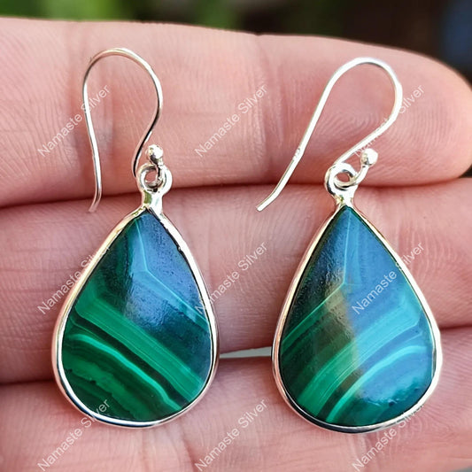 Malachite Earrings, 925 Sterling Silver Drop Dangle Earrings, Natural Malachite Pearshape Handmade Jewelry, June Birthstone, Gift For Her