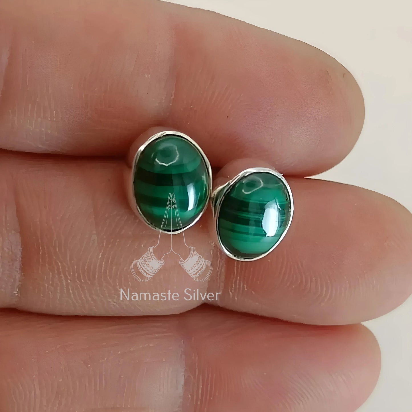 Malachite Earrings, 925 Sterling Silver Handmade Stud Posts, Natural Malachite Oval Gemstone Stud Earrings, Birthstone Jewelry, Gift For Her