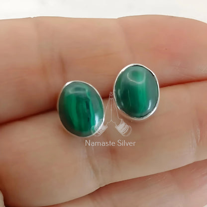 Malachite Earrings, 925 Sterling Silver Handmade Stud Posts, Natural Malachite Oval Gemstone Stud Earrings, Birthstone Jewelry, Gift For Her