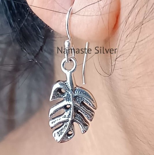 Monstera Leaf Silver Dangle Earrings | 925 Sterling Silver Handmade Boho Jewelry | Gift for her Birthday | Nature Inspired Earrings