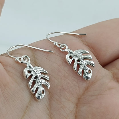 Monstera Leaf Silver Dangle Earrings | 925 Sterling Silver Handmade Boho Jewelry | Gift for her Birthday | Nature Inspired Earrings