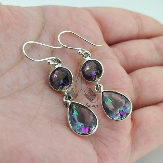 Aurora Mystic Topaz Earrings, 925 Sterling Silver Dangle Earrings, Dual Mystique Topaz Gemstone Handmade Jewelry, Birthstone Gift For Her