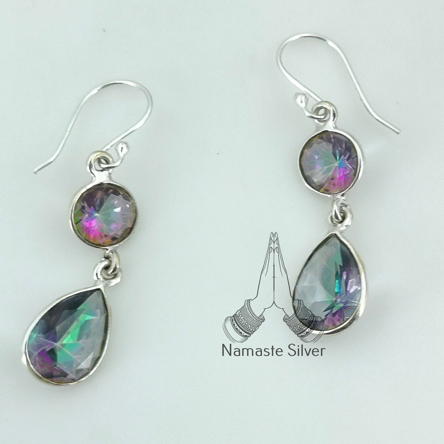 Aurora Mystic Topaz Earrings, 925 Sterling Silver Dangle Earrings, Dual Mystique Topaz Gemstone Handmade Jewelry, Birthstone Gift For Her