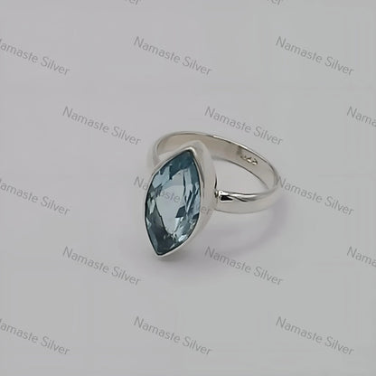 Blue Topaz Ring, 925 Sterling Silver Statement Promise Ring, Natural Blue Topaz Marquise Gemstone Handmade Boho Jewelry, Unique Gift for Her