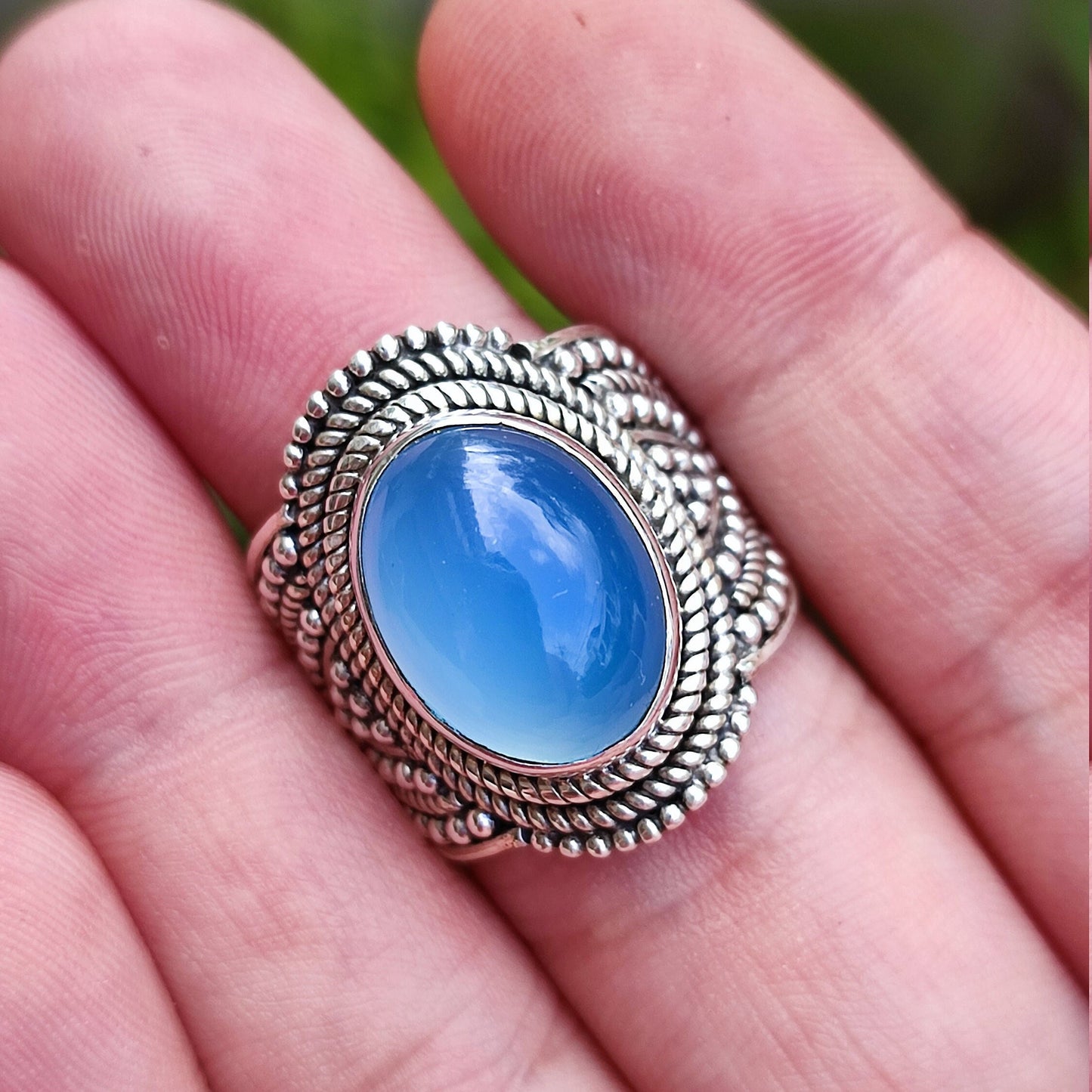 Natural Chalcedony Oval Stone Silver Ring | 925 Sterling Silver Statement Ring | Gemstone Handmade Jewelry | May Birthstone Gift for Her