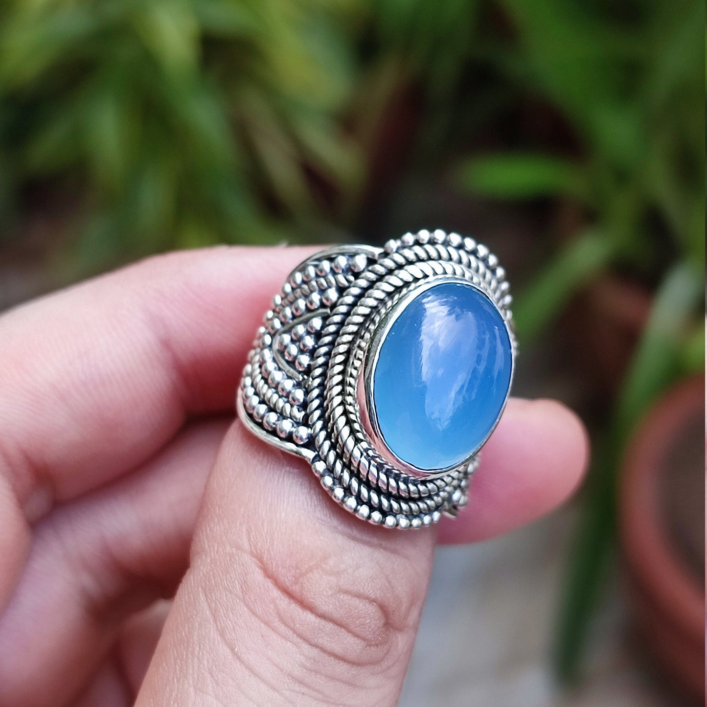 Natural Chalcedony Oval Stone Silver Ring | 925 Sterling Silver Statement Ring | Gemstone Handmade Jewelry | May Birthstone Gift for Her