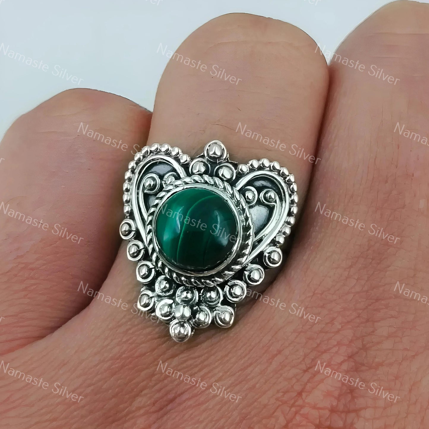 Malachite Ring, 925 Sterling Silver Promise Ring, Natural Green Malachite Round Gemstone, Handmade Heart Shape Jewelry, Unique Gift for Her
