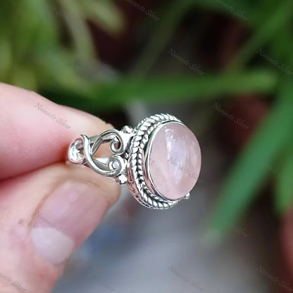 Rose Quartz Ring, 925 Sterling Silver Promise Ring, Natural Rose Quartz Oval Gemstone Handmade Jewelry, January Birthstone, Gift for Her