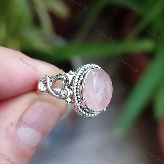 Rose Quartz Ring, 925 Sterling Silver Promise Ring, Natural Rose Quartz Oval Gemstone Handmade Jewelry, January Birthstone, Gift for Her