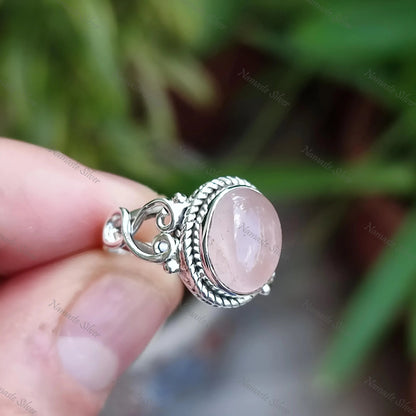 Rose Quartz Ring, 925 Sterling Silver Promise Ring, Natural Rose Quartz Oval Gemstone Handmade Jewelry, January Birthstone, Gift for Her