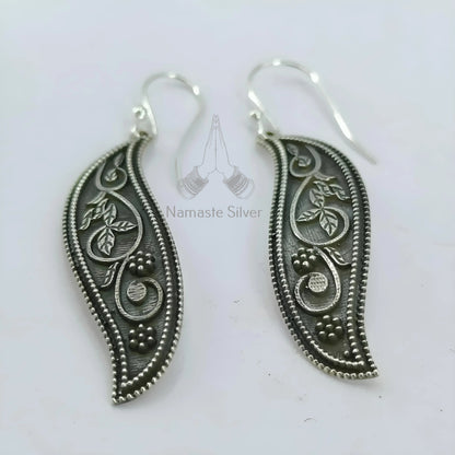 Floral Paisley Earrings, 925 Sterling Silver Dangle Drop Earrings, Paisley Leaf Oxidized Silver Handmade Indian Jewelry, Unique Gift for Her