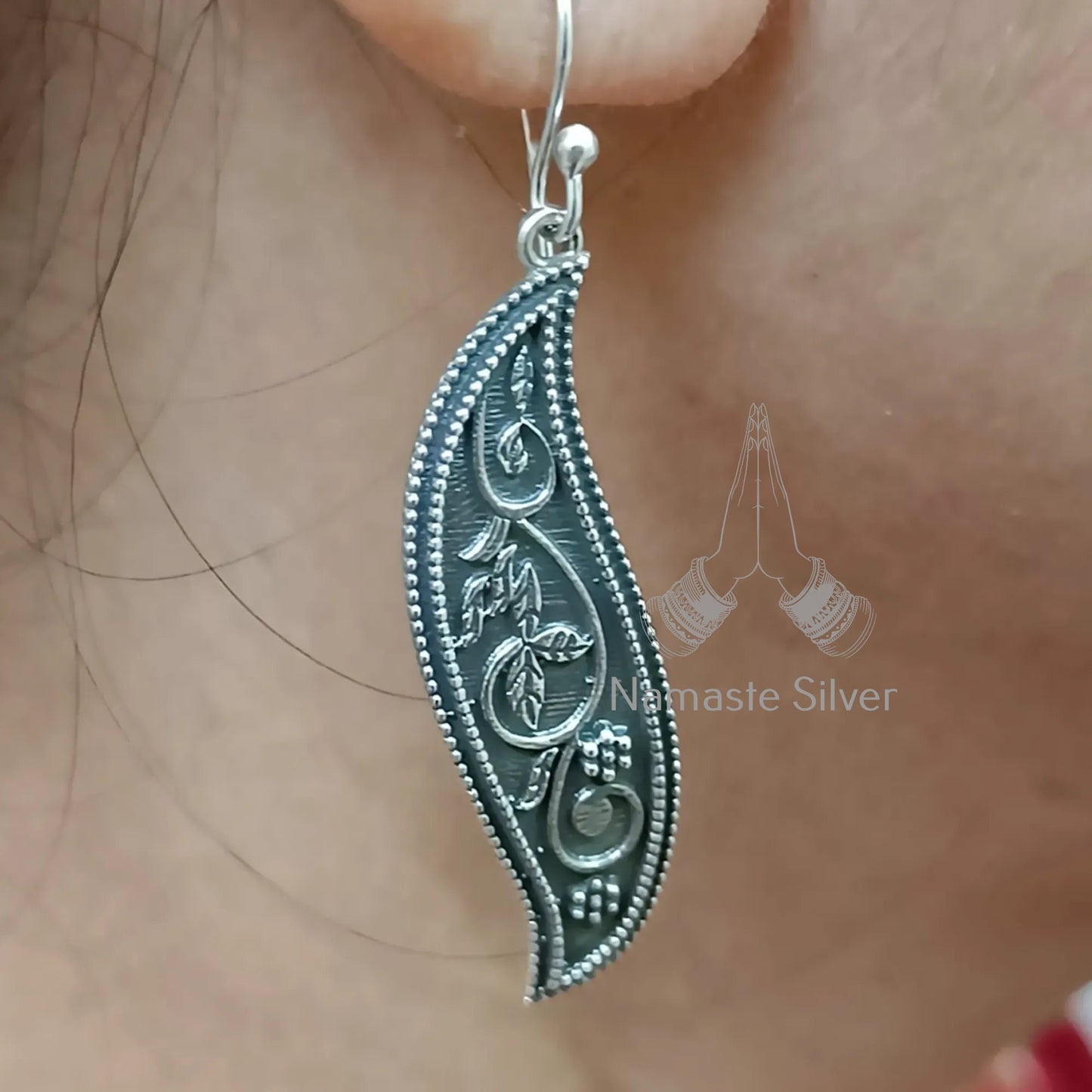 Floral Paisley Earrings, 925 Sterling Silver Dangle Drop Earrings, Paisley Leaf Oxidized Silver Handmade Indian Jewelry, Unique Gift for Her