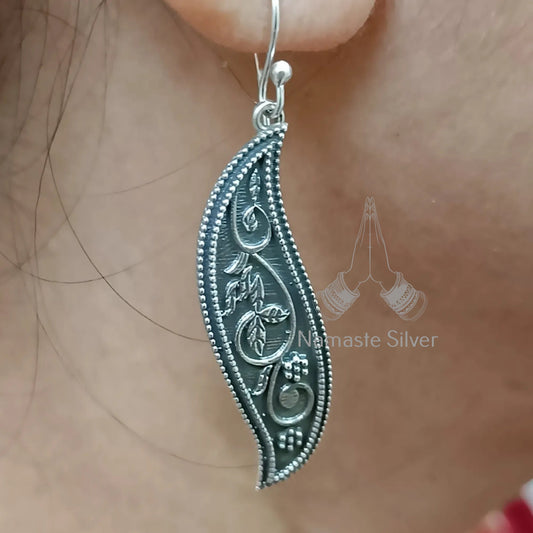 Floral Paisley Earrings, 925 Sterling Silver Dangle Drop Earrings, Paisley Leaf Oxidized Silver Handmade Indian Jewelry, Unique Gift for Her